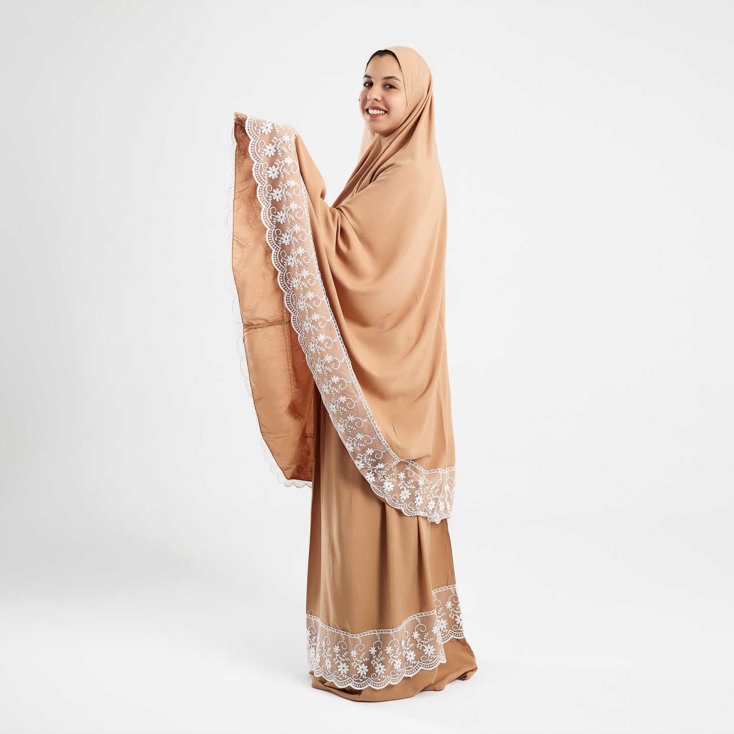 Prayer Dress Two Pieces Dantel Beige Abaya - Noury Hub