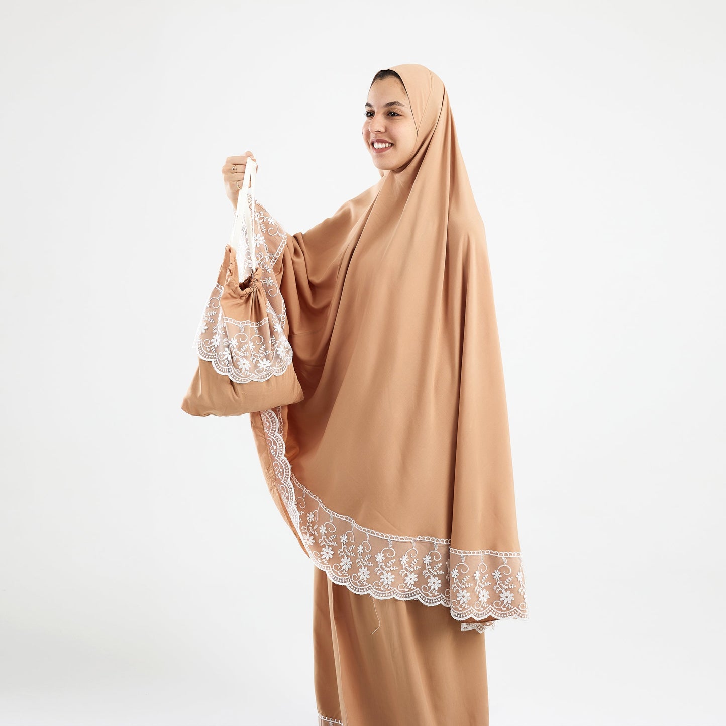 Prayer Dress Two Pieces Dantel Beige Abaya - Noury Hub