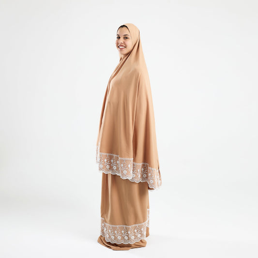 Prayer Dress Two Pieces Dantel Beige Abaya - Noury Hub