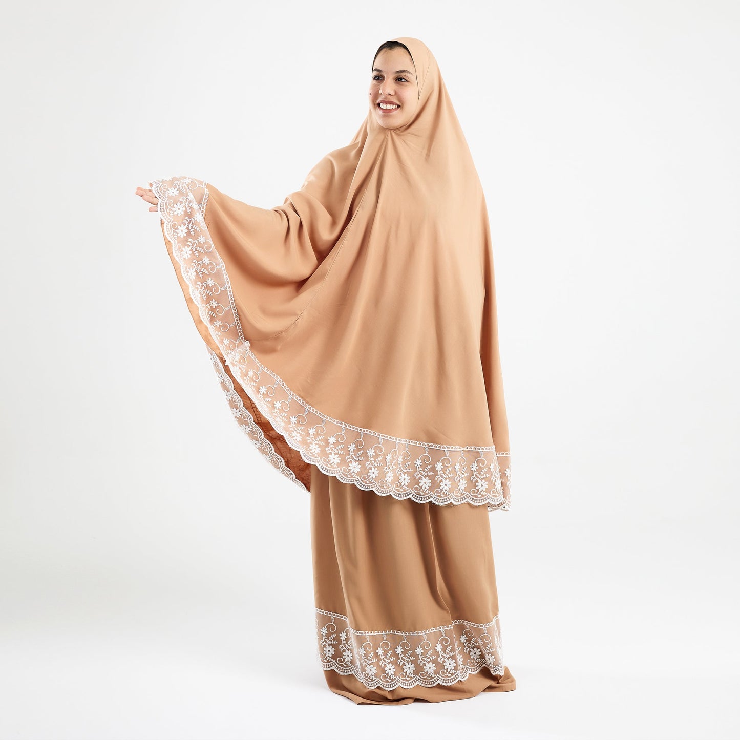 Prayer Dress Two Pieces Dantel Beige Abaya - Noury Hub