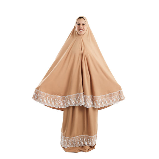 Prayer Dress Two Pieces Dantel Beige Abaya - Noury Hub