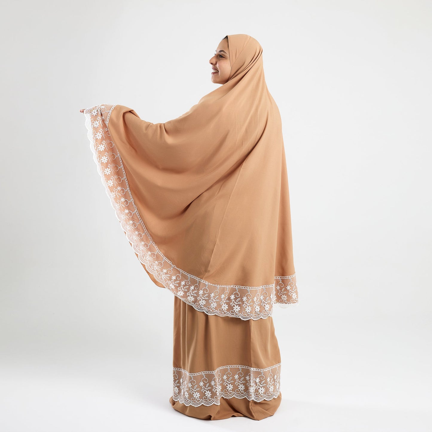 Prayer Dress Two Pieces Dantel Beige Abaya - Noury Hub